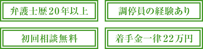 弁護士歴が20年以上、調停員の経験あり、初回相談無料、着手金一律22万円